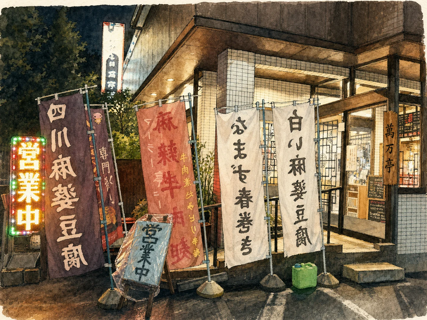 夜の店先で光る営業中の赤いネオン