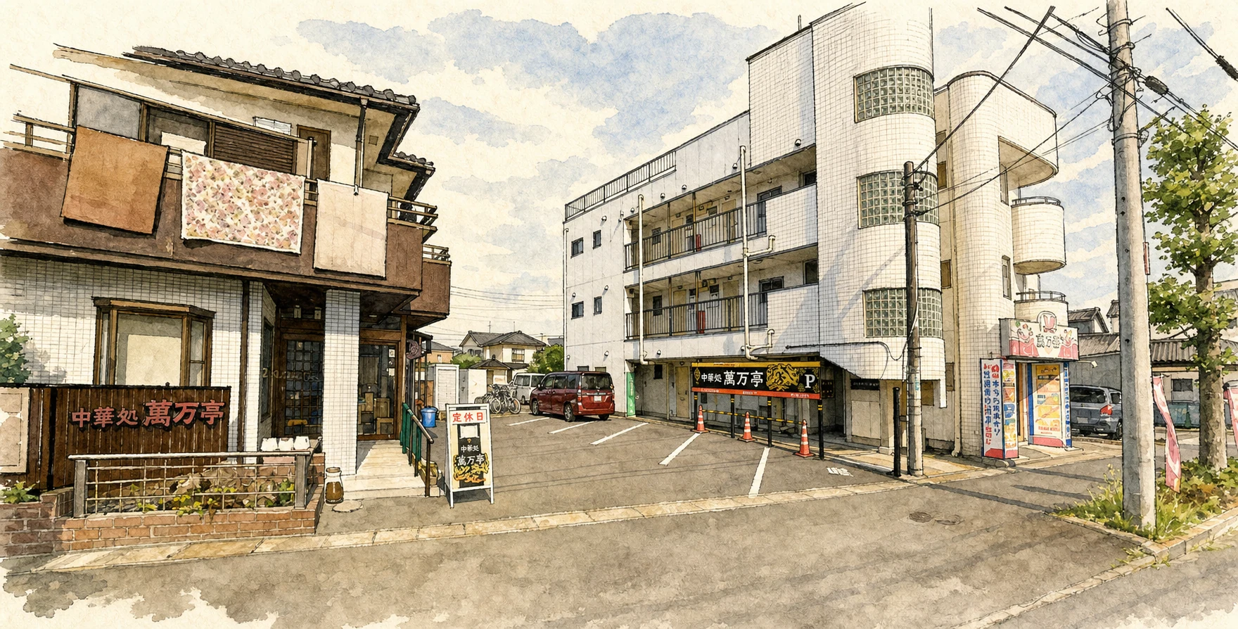 萬万亭の駐車場を描いたイラスト