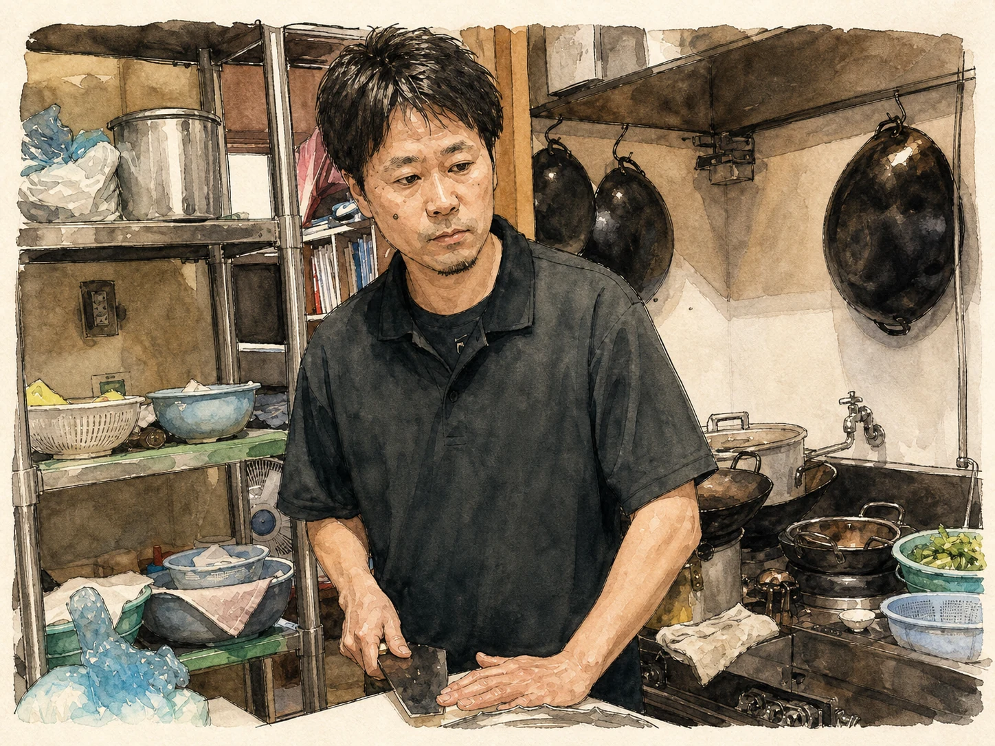 厨房で料理を説明する萬万亭の店主を描いたイラスト