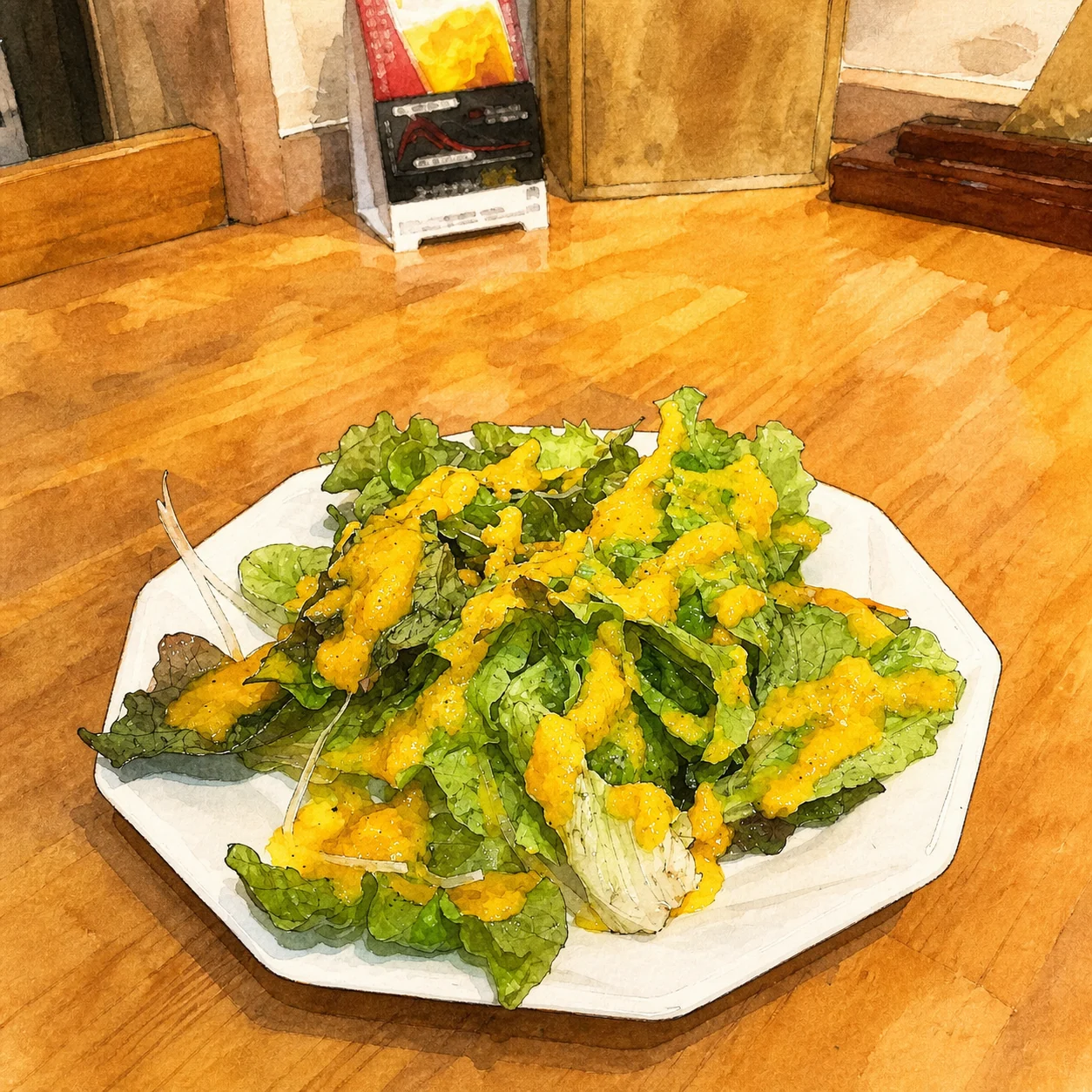 野菜に黄色いソースをかけた料理を実写真から描き起こしたイラスト
