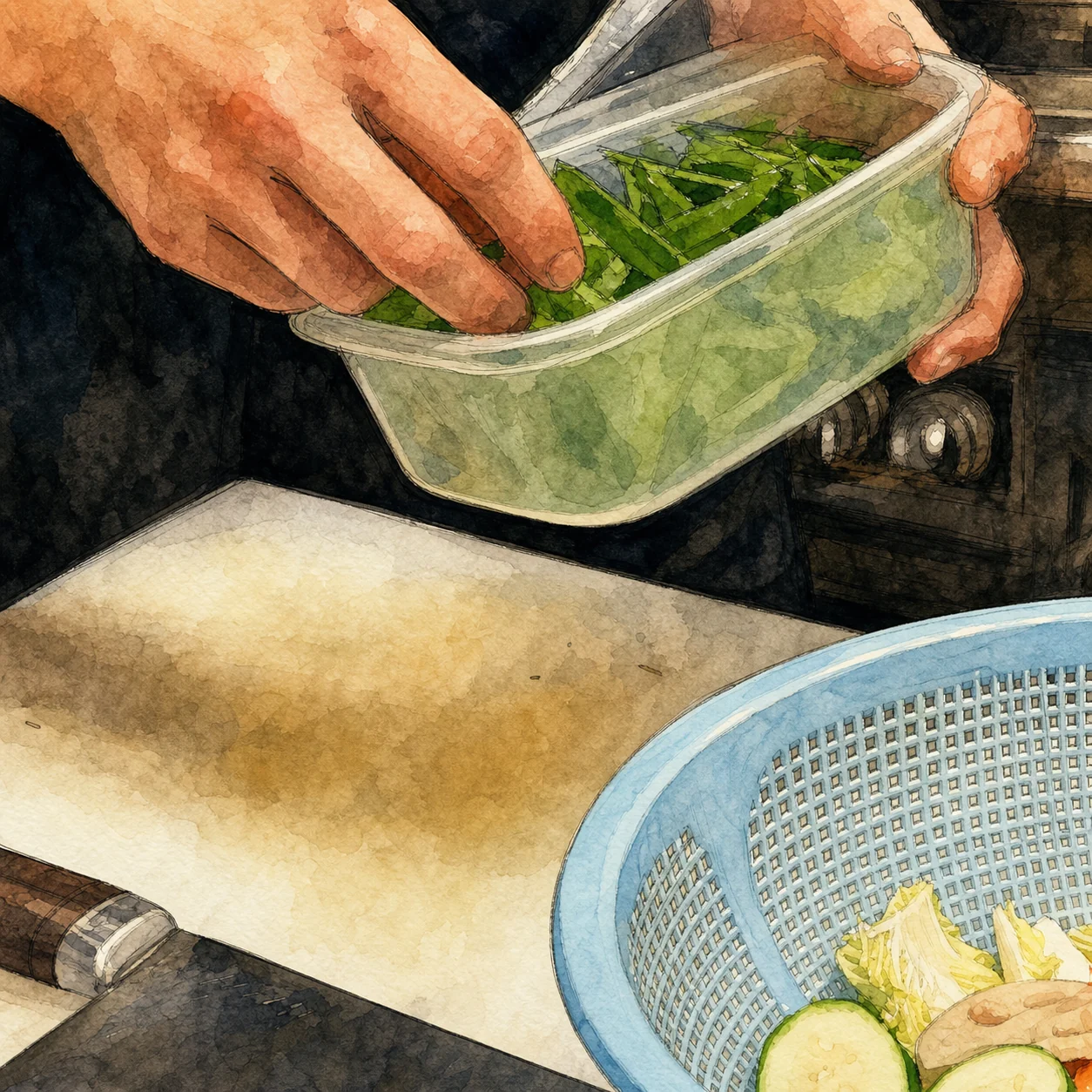 野菜を仕込む厨房の手元を実写真から描き起こしたイラスト